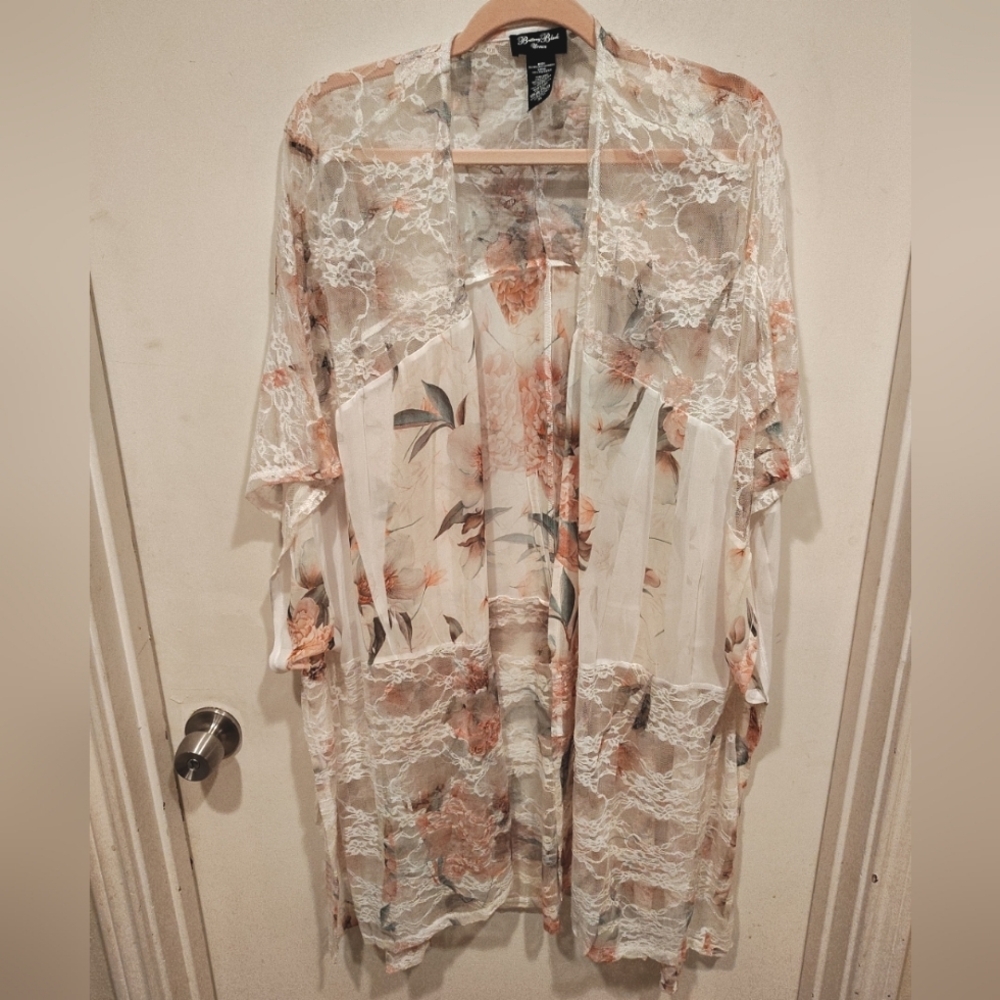 Brittany Black Floral Chiffon & Lace Kimono Jacket Cardigan Sz 3X Cottagecore